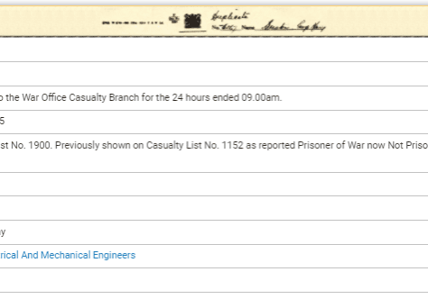 Casualty list no 1900 - Recording Frank's Release from POW Camp